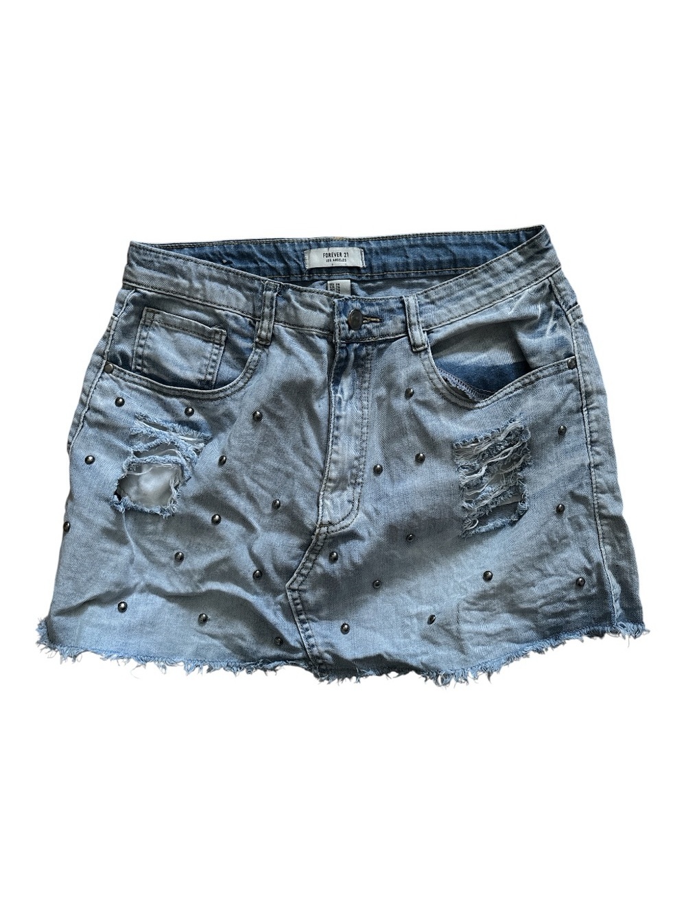 Forever 21 Light Blue Studded Distressed Denim Mini Skirt Size 28